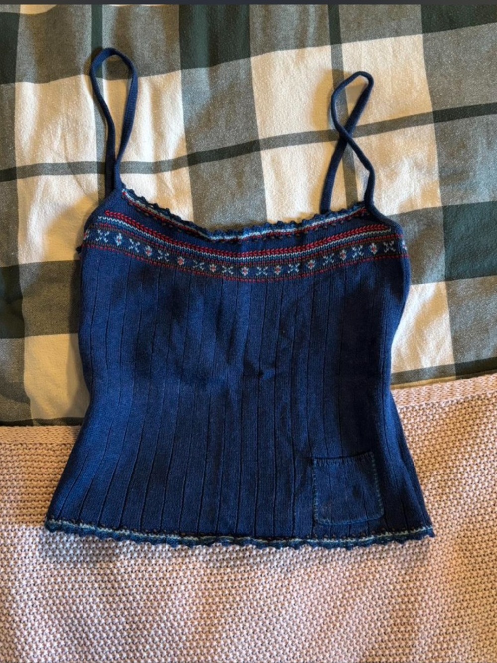 Vintage Ralph Lauren Navy Ribbed Knit Cami Tank with Embroidered Trim